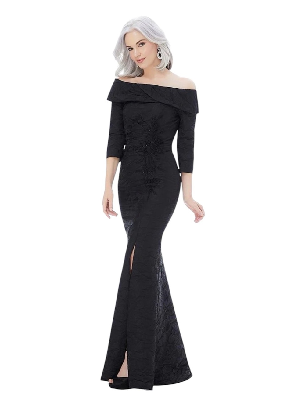Mori Lee Black Off-Shoulder Embroidered Mermaid Gown
